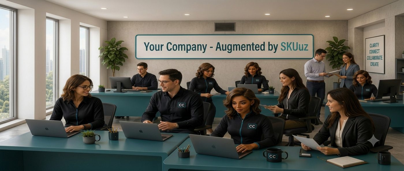 A team working alongside AI agents under an 'Augmented by SKUuz' banner