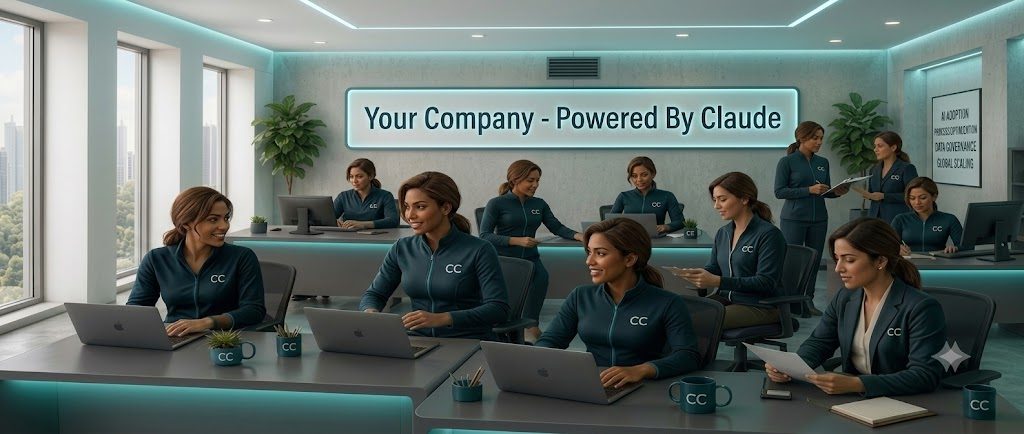 A modern, fully-augmented team under a 'Powered by Claude' sign