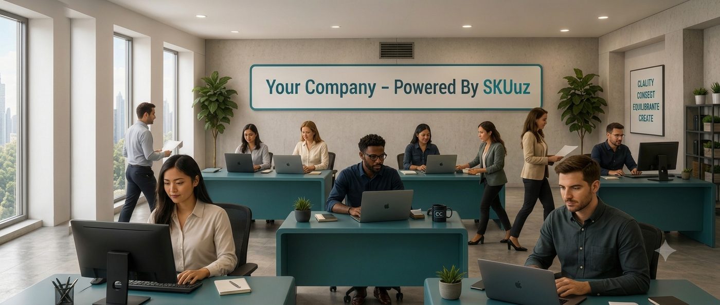 A busy, staffed office under a 'Powered by SKUuz' banner