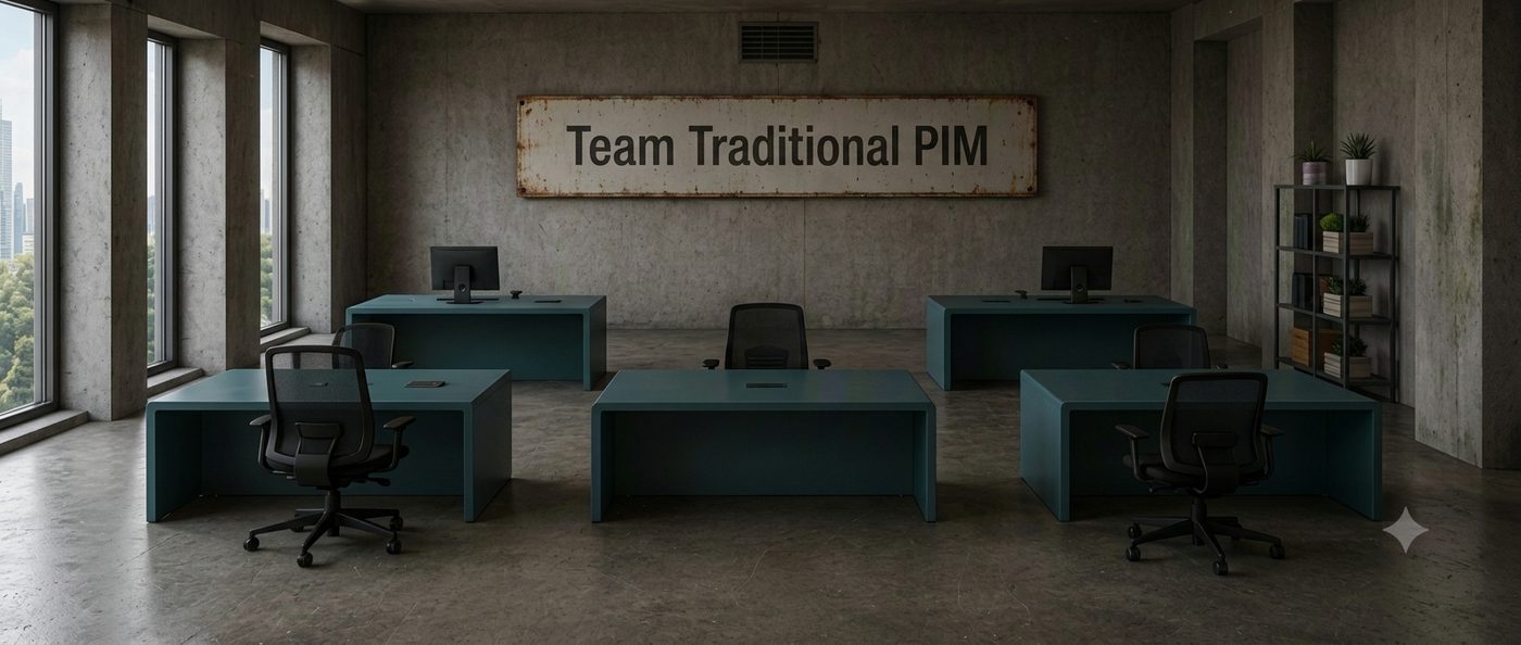 An abandoned traditional PIM office — beautiful empty desks, dead plants, a faded 'Traditional PIM' banner