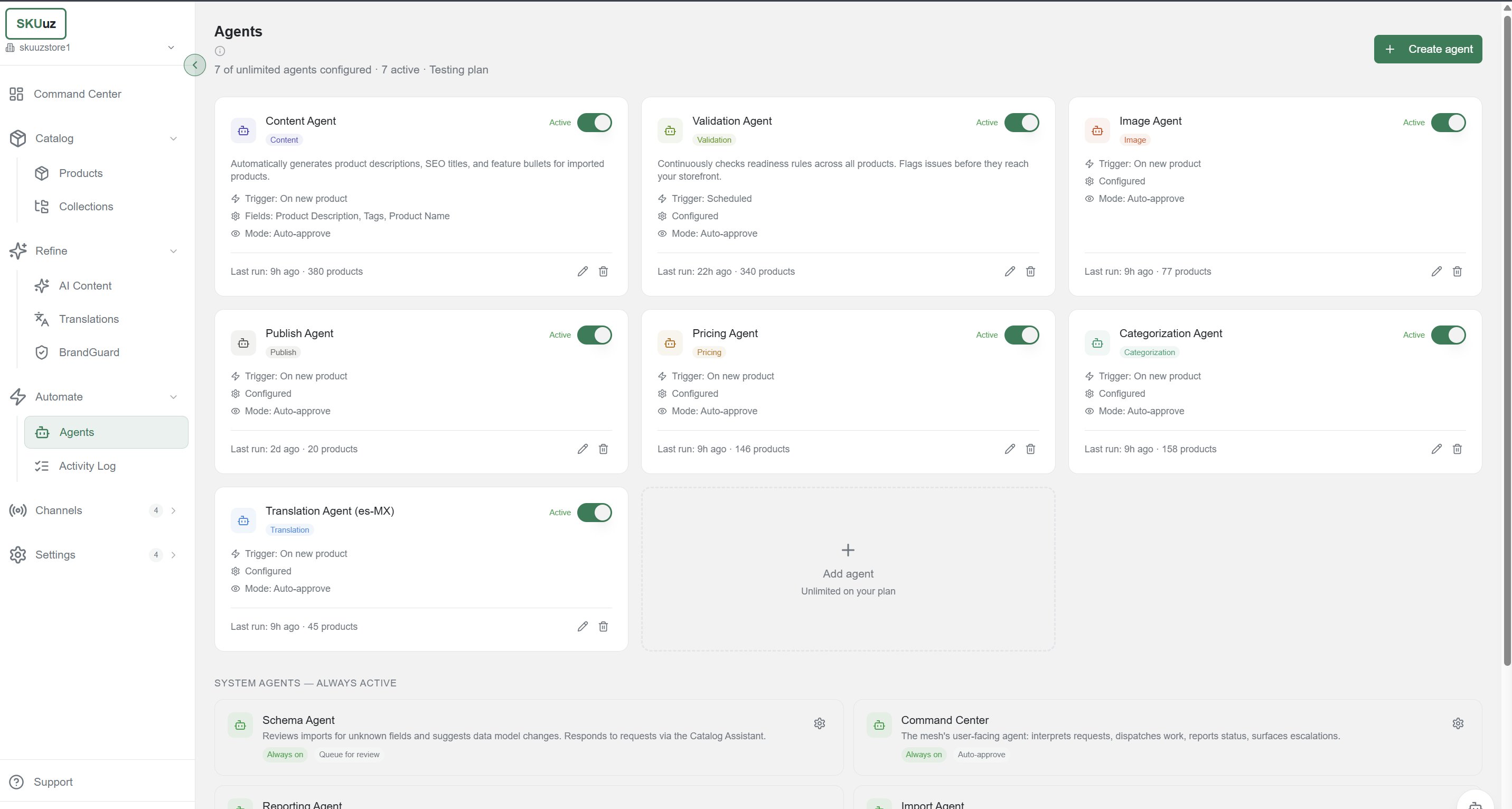 SKUuz Agents dashboard showing 7 active autonomous agents with trigger configuration and last run statistics