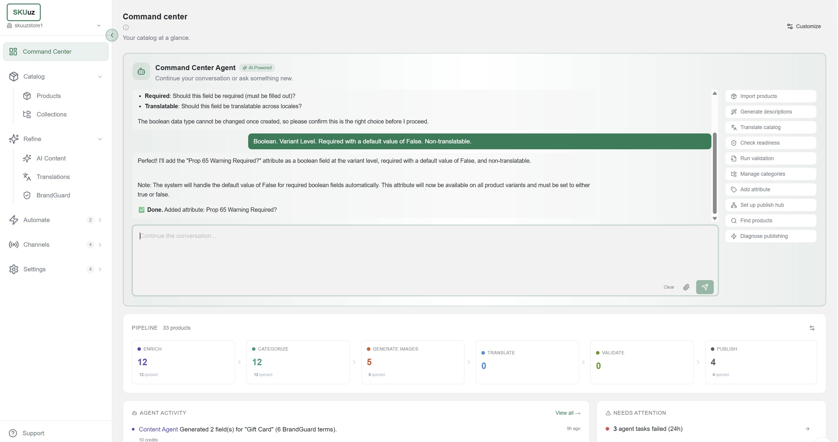 SKUuz Command Center showing CC agent chat creating a new attribute, with the enrichment pipeline and agent activity feed below