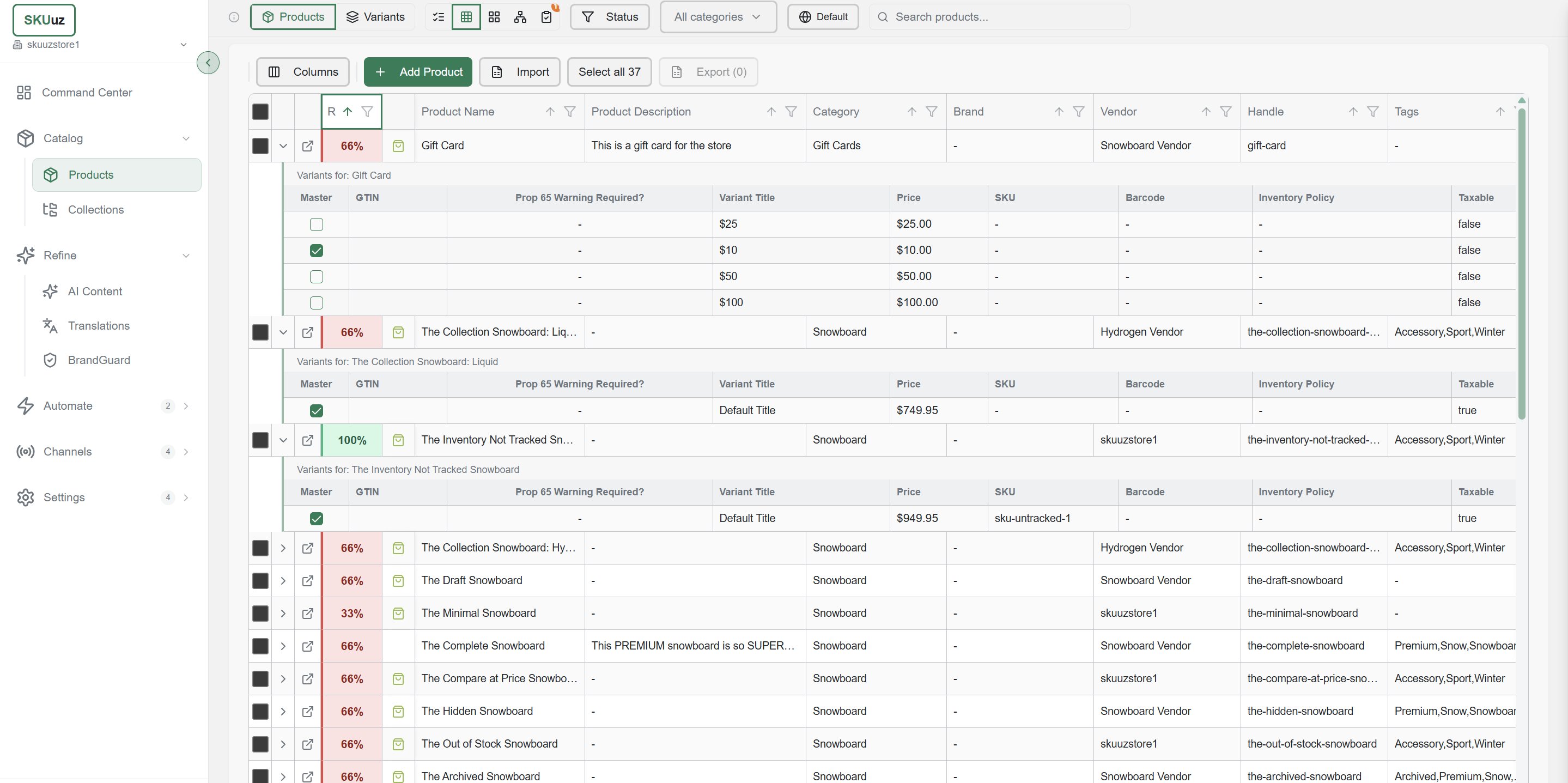SKUuz product catalog grid showing Shopify products with readiness scores, variants, categories, brands, and AI-generated descriptions